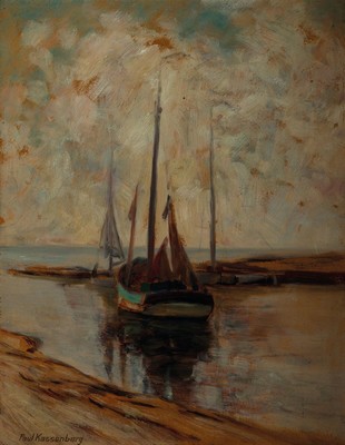 Paul Kassenberg, deutscher Künstler um 1900,Hafenszene, vor Anker liegendes Segelschiff, links unten signiert, Öl/Holz, 2010 gereinigt,Goldrahmen ...