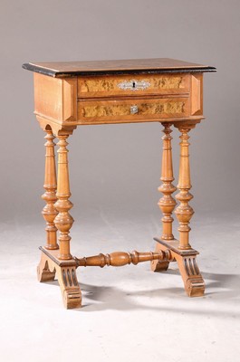 Nähtischchen, Gründerzeit, balusterförmige Wangen und Quersteg, zweischübig, ohne Schlüssel, 76x54x44 cm; lt. Einlieferer aus dem Atelier des ...