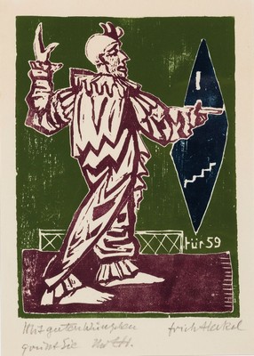 Erich Heckel, 1833 Döbeln-1970 Radolfzell, Farbholzschnitt, 28. Jahresblatt, für 1959, Clown im Spiegel, bez. "Mit guten Wünschen...", ...
