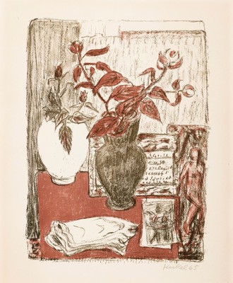 Erich Heckel, 1883 Döbeln-1970 Radolfzell, Farblithographie, Stillleben in braun und rot,1965, signiert u. datiert, ca. 60x49 cm, unterGlas gerahmt, ...