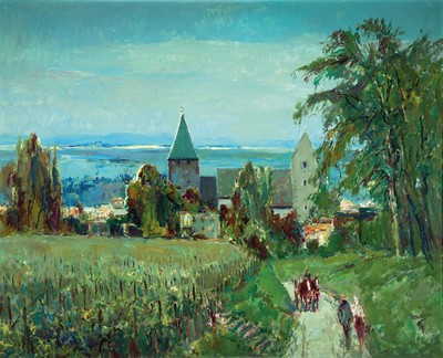 Karl Graf, 1902 Rothenburg ob der Tauber-1986 Speyer, Blick auf Bockenheim, Öl/Holz, signiert, rückseitig betitelt und dat. 80, ca.80x100cm