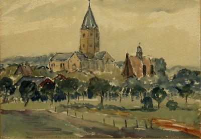 Karl Dillinger, 1882 Karwin-1941 Dirmstein/Pfalz, Blick auf ein Dorf in der Pfalz, Aquarell auf Papier, rechts unten signiert, ca. 28x41cm, PP, ...