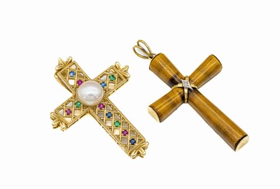 Konvolut 2 14 kt Gold Farbstein-Kreuzanhänger, GG 585/000, 1 x bes. mit rundfacett. Saphir, Rubin und Smaragden, mittig Zuchtperle, ca. 5.0 x 3.5 ...