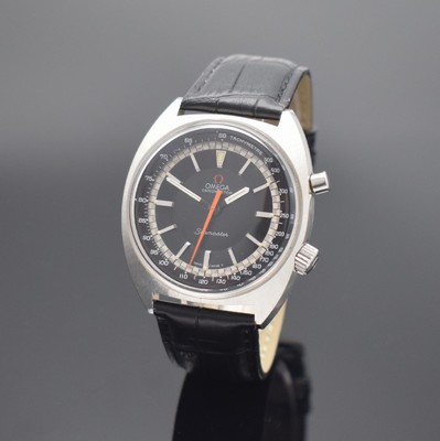 OMEGA Seamaster Chronostop große Herrenarmbanduhr 41 mm Referenz 145.007, Schweiz um 1969, Handaufzug, Boden geschr., schwarzes Zifferbl. m. aufges. ...