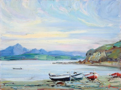 Luis Strohecker-Socias, 1924/25-1980, tätig in Barcelona, Fischerboote an der Küste, Öl/ Holz, rechts unten signiert, ca. 46x60cm