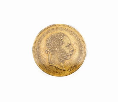 Goldmünze, 4 Florin 10 Franken, Österreich -Ungarn, 1885, Franz Joseph I., in Münzkapsel
