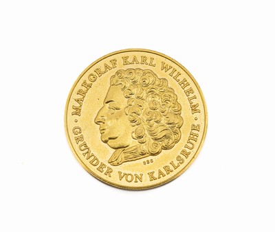 Goldmedaille Karlsruhe, 986er Gold, "250 Jahre Fächerstadt 1715-1965", RV: Markgraf Karl Wilhelm founder of Karlsruhe, ca. 10.0 g