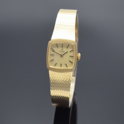 STOWA Damenarmbanduhr in GG 585/000, Schweiz um 1965, Handaufzug, 2-teil. Geh., Boden aufgedr., Milanaiseband, gold. Zifferbl. m. aufges. Std.-Ind., ...