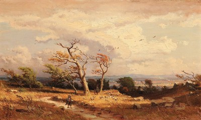 Heinrich Funk, 1807 Herford-1877 Stuttgart, Studium an der Akademie Düsseldorf bei Lessing und Schirmer, hier: Aufziehendes Gewitter in der Eifel, ...