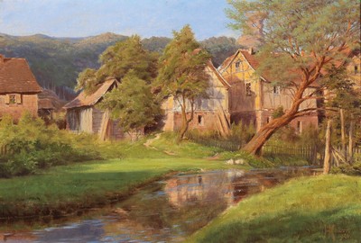 Hermann Maurer, 1861 Quirnbach-1934 Landau/Pfalz, ausgebildeter Maler und 1900- 1931 Pfarrer in Annweiler, hier: Blick über einen Bach auf ein Dorf, ...