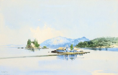 Griechischer Künstler, 1. Hälfte 20. Jh., Blick auf Korfu, Aquarell auf Papier, links unten signiert, ca. 28x43cm, u.Gl., R. ca. 39x54cm