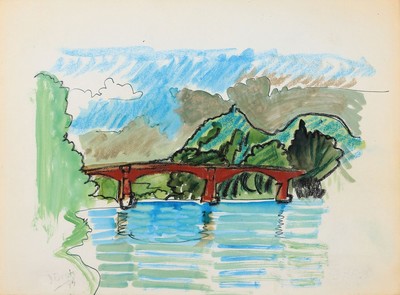 Julius Bretz, 1870 Wiesbaden-1953 Bad Honnef, Brücke über den Fluss, Gouache auf Papier, links unten signiert und dat. 45, ca. 30x40cm, u.Gl., R.