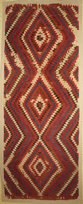 Karapinar Kelim antik, Türkei, anfang 19.Jhd, Wolle auf Wolle, ca. 435 x 165 cm, EHZ: 4, auf Stoff genäht