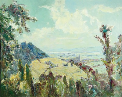 Karl Graf, 1902 Rothenburg ob der Tauber-1986 Speyer, Blick vom Haardtrand in die Rheinebene, Öl/Hartfaser, rechts unten signiert, ca. 80x100cm, R. ...