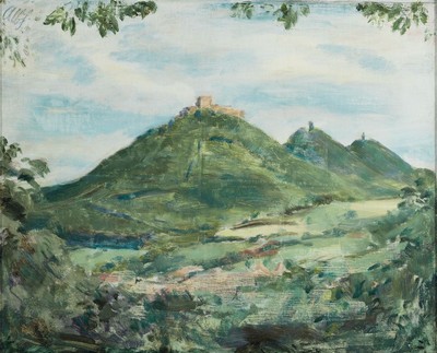 Albert Haueisen, 1872 Stuttgart-1954 Kandel,Trifels Studie II (Annweiler), Blick auf Trifels, Anebos und Scharfenberg, Öl/Lwd, links oben signiert, ...