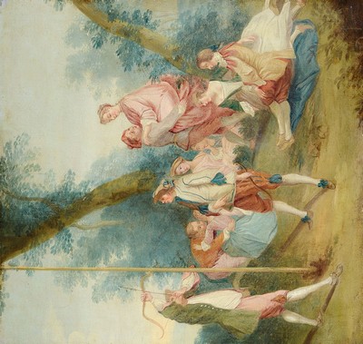 Unbekannter Künstler, Frankreich, 19. Jh., vielfigurige Szene im Schlosspark, nach Vorbild des 17. Jh., Öl/Lwd, rest., ca. 80x75cm, R. ca. 92x87cm