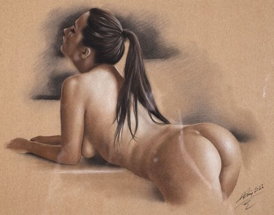 Denis Prenzel, geb. 1971, Pastellzeichnung auf dickem Papier, handsigniert, Frauenakt, Blattgr. ca. 30 x 40 cm, unter Glas, Rahmen, Dennis Prenzel ...