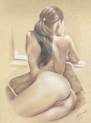 Denis Prenzel, geb. 1971, Pastellzeichnung auf dickem Papier, handsigniert, Frauenakt, Blattgr. ca. 40 x 30 cm, unter Glas, Rahmen, Dennis Prenzel ...