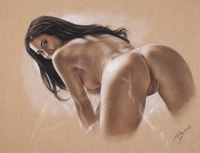 Denis Prenzel, geb. 1971, Pastellzeichnung auf dickem Papier, handsigniert, Frauenakt, Blattgr. ca. 40 x 30 cm, unter Glas, Rahmen, Dennis Prenzel ...