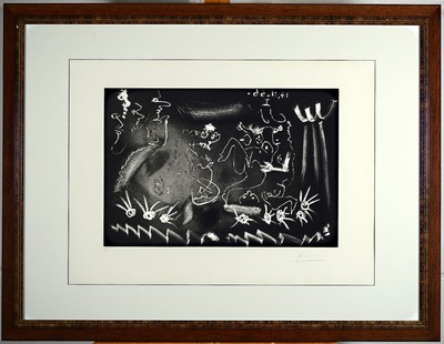 Pablo Picasso, 1881 - 1973, Aquatinta- und Kaltnadelradierung auf BFK Rives-Papier mit Wasserzeichen, "Au Theatre" aus der Suit 347 ...