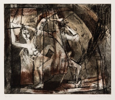 Horst Reichle, geb. 1938 Biberach, Studium der Graphik in München bei Albert Rabenbauer, Farbradierung, Figurengruppe in Schwarz- und Rosttönen, ...