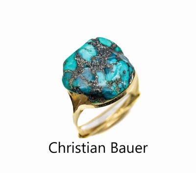 14 kt Gold Türkis-Ring, GG 585/000, schlichte Gestaltung, gr. Türkismatrix mit versch. Farbnuancen, Ringschiene mit Verkleinerungsbügel, RW 58, ...