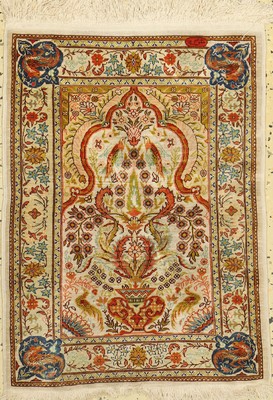 Hereke Seide fein, signiert, Türkei, um 1960, reine Naturseide, ca. 69 x 52 cm, EHZ: 2