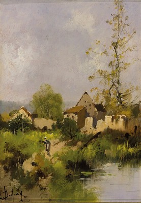 Louis Dupuy, Pseudonym des Eugène Galien- Laloue, 1854-1941, Sommerliche Landschaft mit Bäuerin, Dorf und Weiher, Öl/Holz, links unten signiert, ...