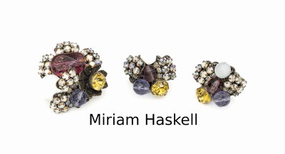 Schmuckset MIRIAM HASKELL, USA 1930er Jahre, Montur Metall in Form von großen Blüten, bunter Glassteinbesatz und Glasperlen, sehr aufwändig, ...