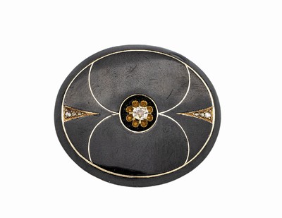 14 kt Gold Brosche, England, viktorianisch um 1860, Rahmen und Broschierung GG 585/000, gepr., schwarzes Email mit 6 Diam.-Rosen zus. ca. 0.04 ct ...