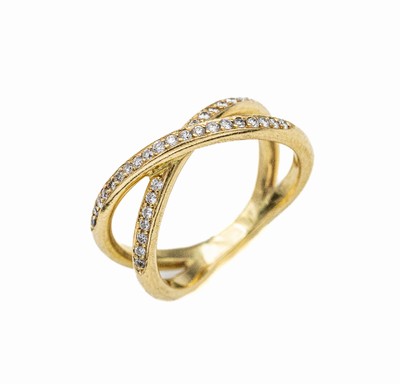 18 kt Gold Brillant-Ring, GG 750/000, überkreuzte Schiene, bes. mit Brillanten zus. ca. 0.80 ct Weiß/vs-si, RW 58, ca. 8.8 g