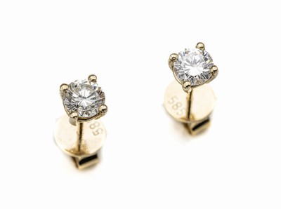 Paar 14 kt Gold Brillant Ohrstecker, GG 585/000, 2 Brillanten zus. ca. 0.90 ct Weiß/ vvs-si