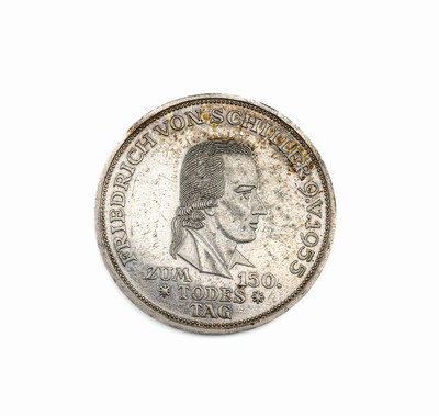 Silbermünze, 5 Mark, Deutschland 1955, zum 150. Todestag von Friedrich von Schiller, Prägemarke F