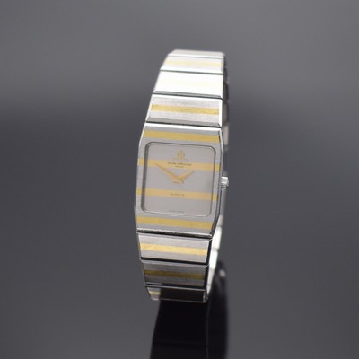 BAUME & MERCIER Damenarmbanduhr, Schweiz um 1995, quarz, Edelstahl/Gold komb., Boden 4- fach verschr., orig. Gliederband, silb. Zifferbl. m. gold. ...
