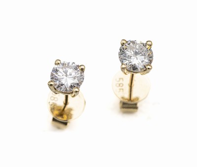 Paar 14 kt Gold Brillant-Ohrstecker, GG 585/000, 2 Brillanten zus. ca. 1.14 ct Weiß/ si-p2