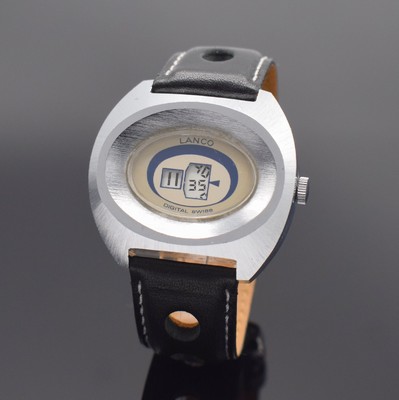 LANCO Herrenarmbanduhr mit digitaler Anzeige, Schweiz um 1970, Handaufzug, verchr. Geh., Stahlboden aufgedr., 2-farb. Zifferbl. m. digit. Std. und ...