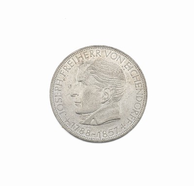 Silbermünze, 5 Mark, Deutschland 1957, Freiherr von Eichendorff, Prägemarke J