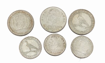 Konvolut 6 Silbermünzen, Weimarer Republik, 3 x 5 Reichsmark und 3 x 3 Reichsmark, LessingHindenburg und Rhein Deutschlands Strom