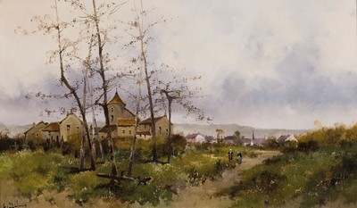 L(ouis) Dupuy, Pseudonym des Eugène Galien- Laloue, 1854 Paris-1941 Chérencé, Sommerliche Landschaft mit Blick auf ein Doerf und Bäuerinnen auf ...