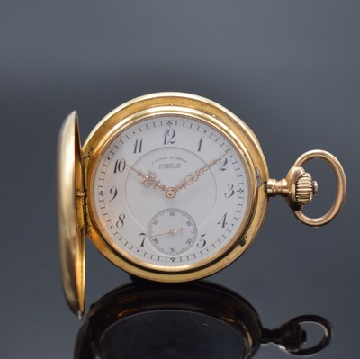 A. LANGE & SÖHNE Glashütte B/Dresden 1B Savonette in RoseG 750/000 , Deutschland um 1895, guill. 3-Deckel Goldgehäuse, 3-teil. Emailzifferbl. m. ...