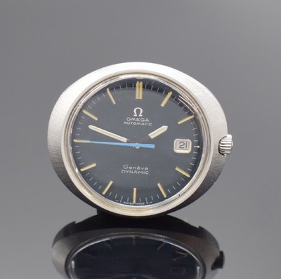 OMEGA Geneve Dynamic Herrenarmbanduhr, Schweiz um 1969, Automatik, Monocoque-Geh. in Stahl, blaues Zifferbl. m. aufges. Std.-Ind., Datum m. ...