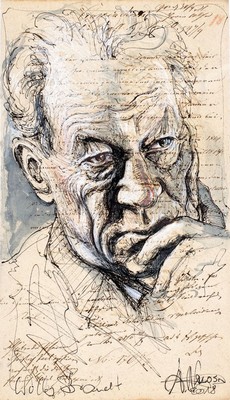 Andreas Noßmann, geb. 1962, Federzeichnung und Aquarell auf antikem Papier , handsign., Titel: Willy Brandt, dat. 2018, Blatt ca. 34,4x20 cm, ...