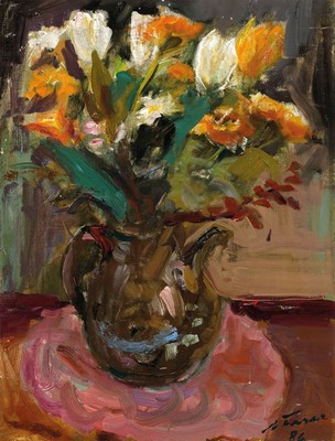 Albert Feser, 1901-1993, "Blumenstilleben, Öl/Malkarton, re. unten sign., dat. (19)86, verso mit Nachlassstempel des Künstlers und Titel, Das ...