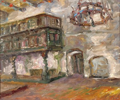Albert Feser, 1901-1993, "Mittelalterlicher Burgfestsaal", Öl/Malkartonunten rechts sign., dat. 1979, verso befindet sich der ...