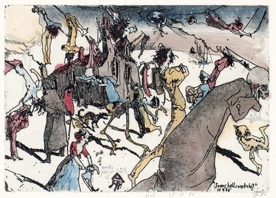 Horst Janssen,1929-1995, Aquarell über Radierung auf Japanbütten, handsign., dat. (19)86, aus dem Zyklus "Svanshall verkehrt", aufgrund ...