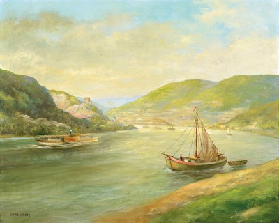 Franz Weber, deutscher Maler der 1. Hälfte des Jh., Rheinlandschaft, Öl/Lwd, links unten signiert, ca. 60x75cm, R. ca. 66x81cm
