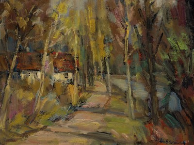 Philippe Steinmetz, 1900-1987 Landau, Haus am Bacg, ÖL/Hartfaser, rechts unten signiert, rückseitig Widmung, ca. 26x35cm, R. ca. 35x44cm