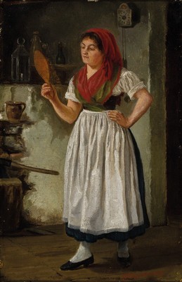 Gustav Guthknecht, geb. 1843 in Berlin, Junge Frau in Tracht, sich in einem Handspiegel betrachtend, Öl/Lwd, rechts unten signiert, ca. 22x15cm, R. ...