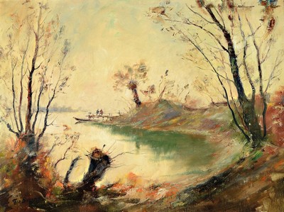 Giovanni Bruno, Maler des 20. Jh., Herbstliche Uferlandschaft am See, Öl/Lwd, links unten signiert, ca. 60x80cm, R. ca. 75x95cm