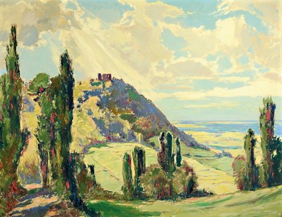 Karl Graf, 1902 Rothenburg ob der Tauber-1986 Speyer, Blick auf das Hambacher Schloß, Öl/Holz, rechts unten signiert und dat. 48, ca. 100x125cm, R. ...